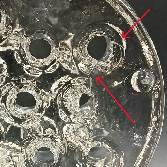 Vtg Round Clear Glass Flower Frog 3 Footed 11 Hole 3.25" Dia 1.5" Tall ?Crack? - Picture 8 of 8